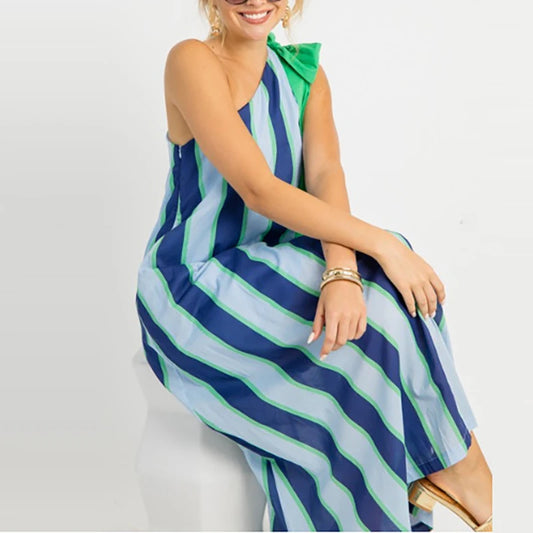 🍒Irregular straight casual women's long dress vacation sleeveless loose dresses bow tie Up striped summer dress Swipe A Stripe