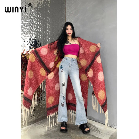 🍒winter coat for women fashion print long outdoor cardigan with tassels luxury knitted overcoat thick europe warm long knit jacket cardigan Hot Spot