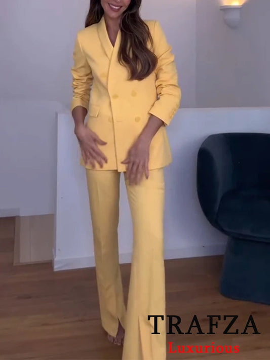 🍒ladies office trouser suit yellow colour solid set v double breasted jacket with pockets blazer + flared loose pants vintage suits women CAN this v -ARY quick