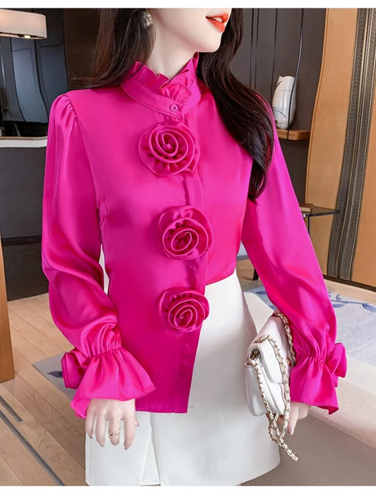 🍒Hot pink shirt high neck women flare cuff long sleeve classic fashion 3D flower blouse design feminine Clothing occasion party wear fashion Look HOT And ROSEy In PINK