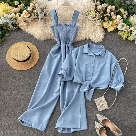 🍒Two piece clothing sets high waisted jumpsuit smart casual women and short sleeve blouse crop top female fashion wears Y2k style clothing Jump On This Suit