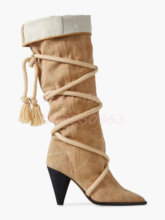 🍒Retro boots cross-tied shaped heel solid brown pointed toe shoes lace-up fringe mid-calf boots women fashion footwear Retro Roads