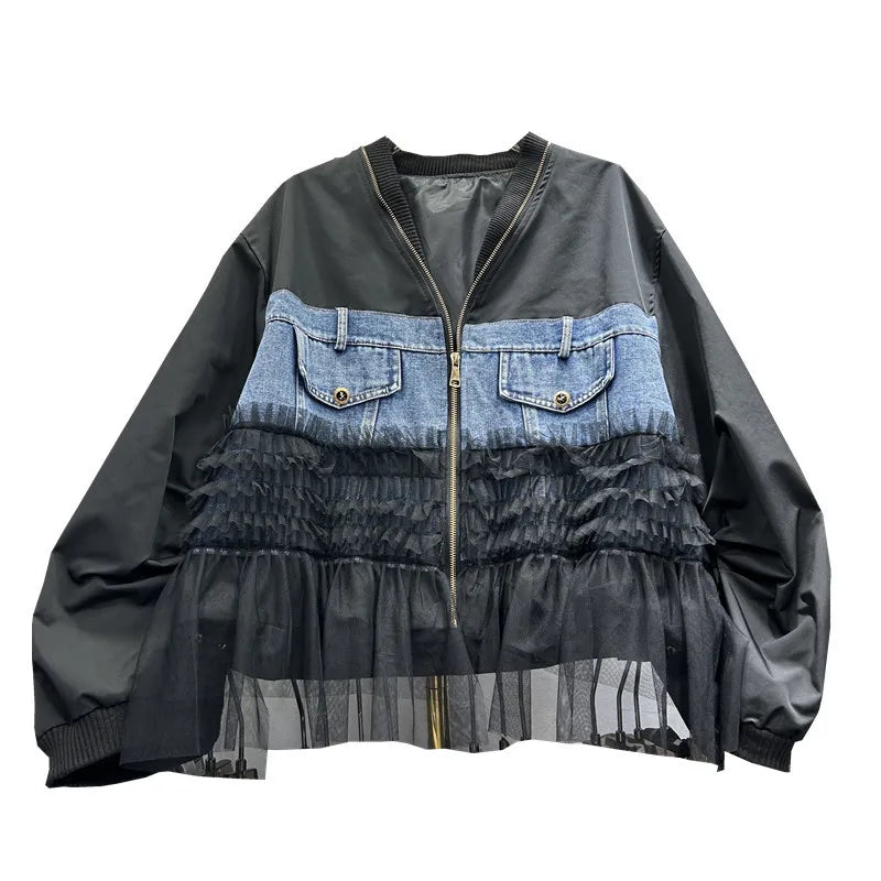 🍒Womens zipper cardigan Jackets v-neck loose fit casual outerwear long sleeve high street spring loose fit pockets and frills detail mixed media fashion clothing You Will Be Frilled With This And Your Friends Will Be Green With Envy