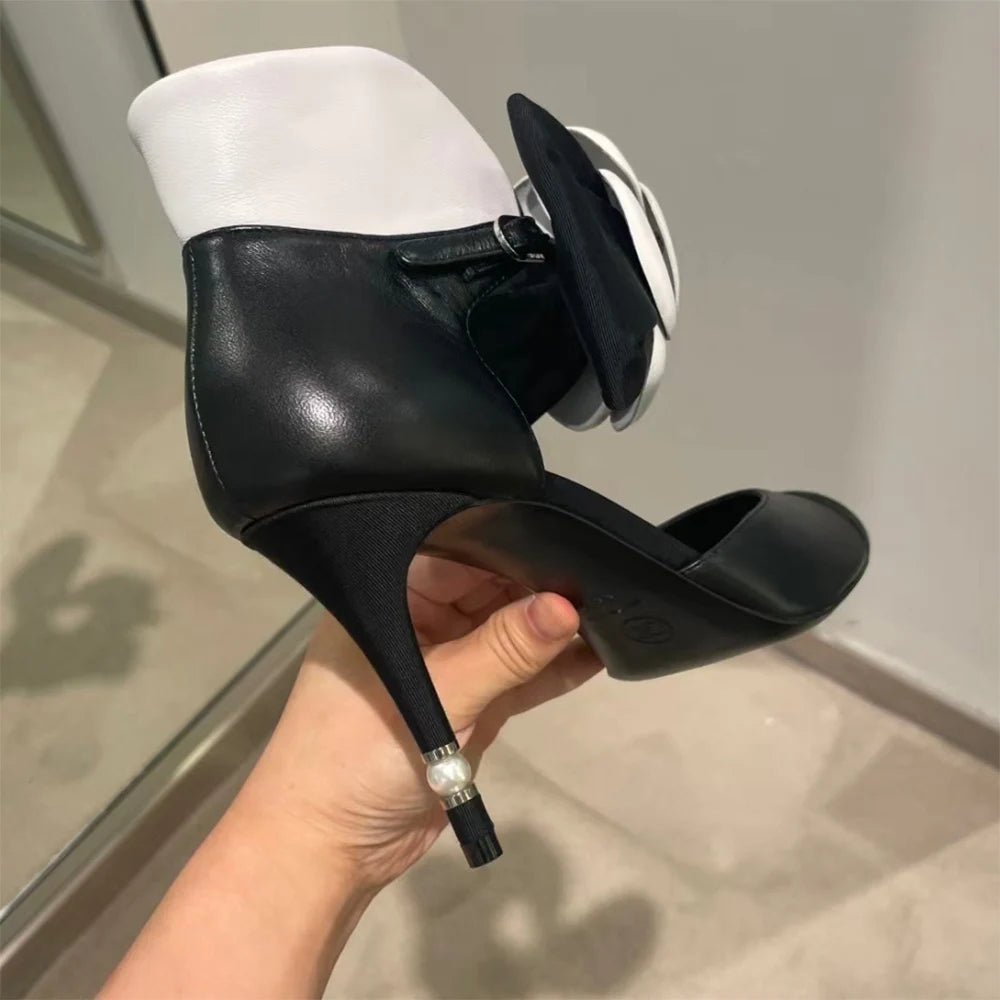 🍒Round toe floral high heels pearl design shoes sandals camellia flower straps stiletto with bow fashion footwear for women Mary Janes two tone Get Your Toes In A Rose