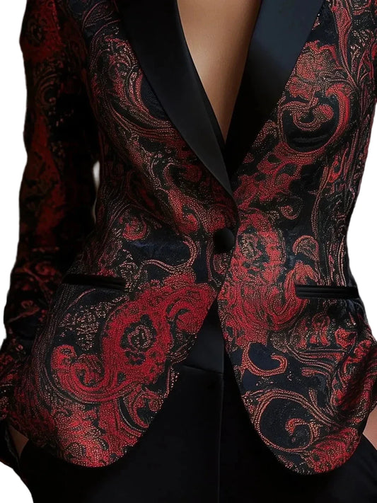 🍒Chic elegant jacket vintage women floral fashion print lapel collar long sleeve blazer slim waist occasion outwear Jewelly Jaquard Jacket