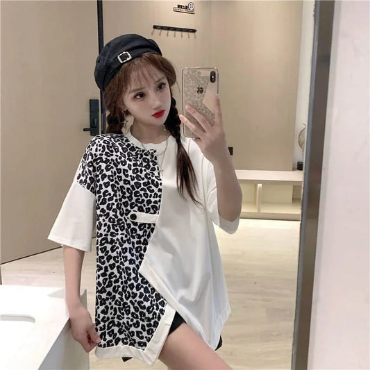 🍒Leopard patchwork t-shirt for women short-sleeved top loose top shirt female fashion clothing women casual clothes Print Animal Style