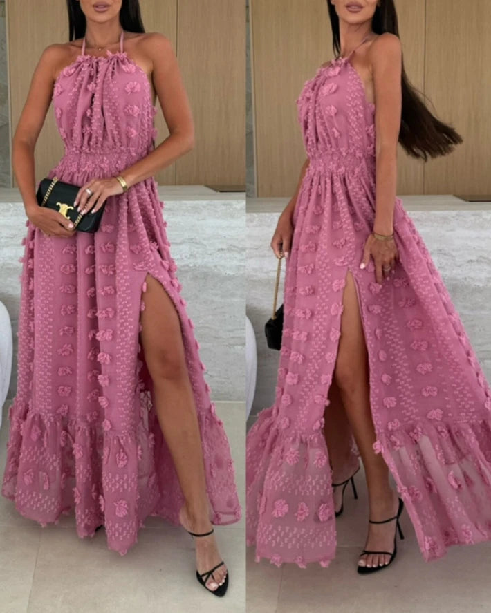 π3d floral backless dress split or slit decoration dress summer women party occasion wear solid colour outfit high waist sleeveless evening wear Pink Champagne Or Rum With Black