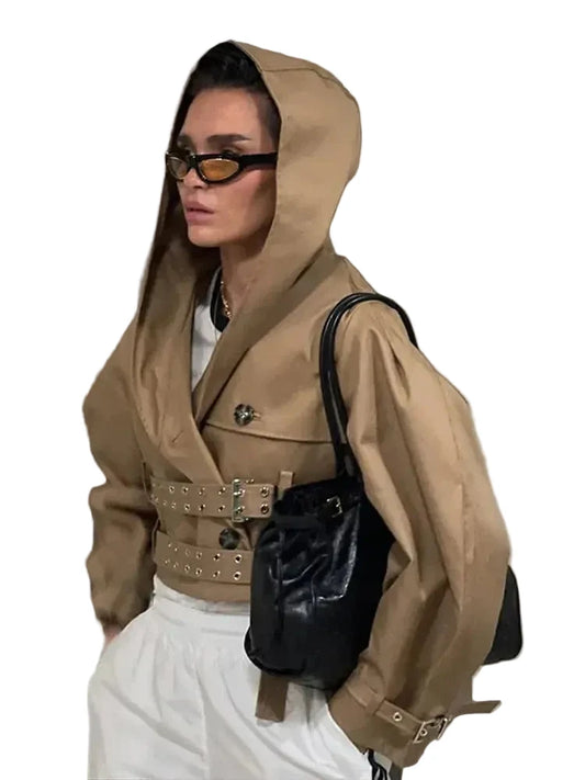 🍒Hooded trench coat women casual puff sleeve outerwear. double breasted belted cropped Jacket khaki fashion clothing 2.long trench version Travel Along Cool Double Belt