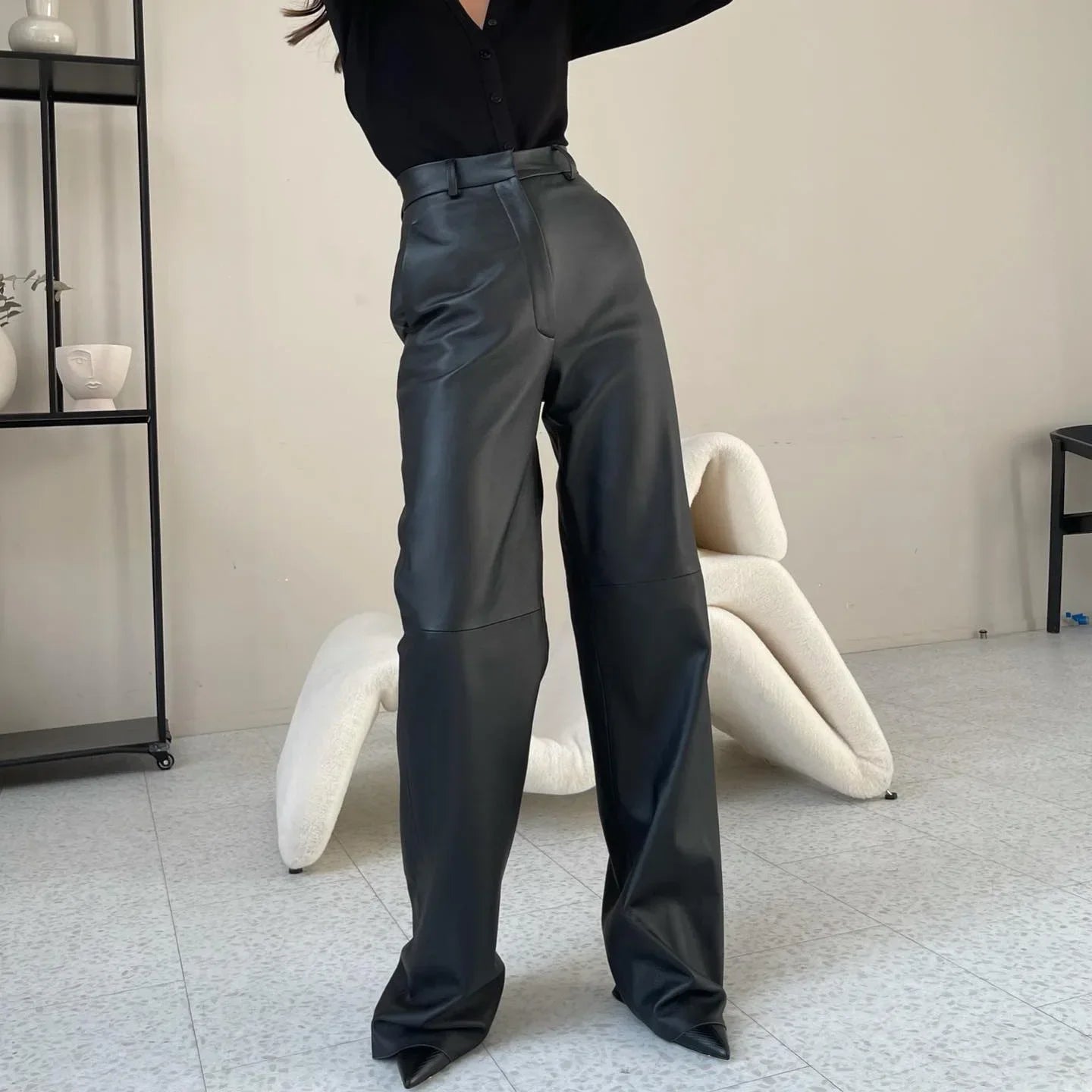 🍒Women's pu leather trousers high waisted hip lifting fashion straight leg pants smart casual clothimg party occasionwear