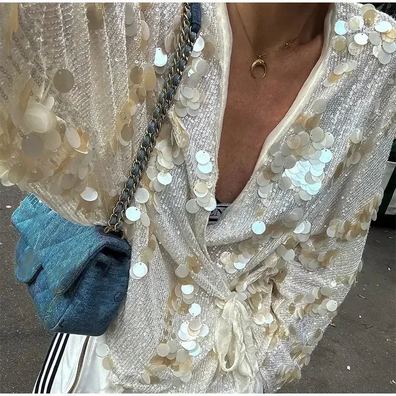 🍒Sequins bow tie jacket party long sleeve fashion short coat womens glitter party wear v-neck female long sleeve loose tops They Will SE'A Green When You Shimmer In This Winner