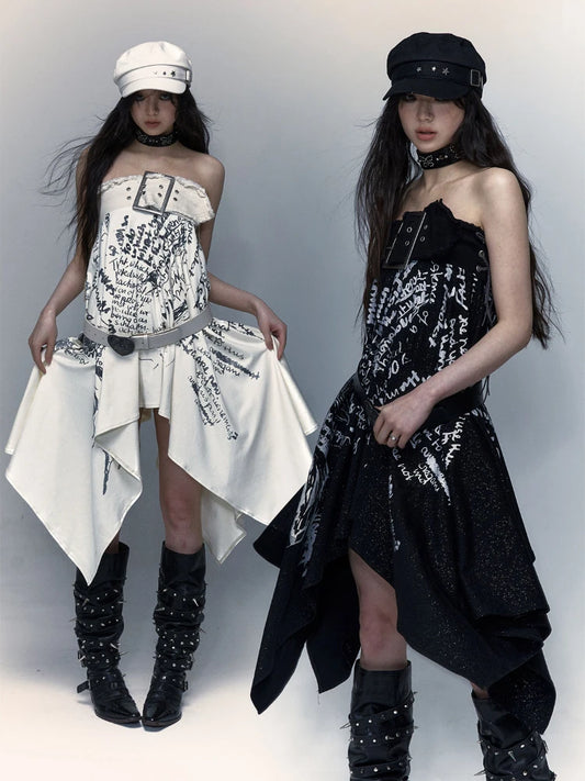 🍒Irregular letter print skirt shark bite skirt high waist long for women's y2k aesthetic vintage fashion streetwear Word On The Street These Are Cool Clothes