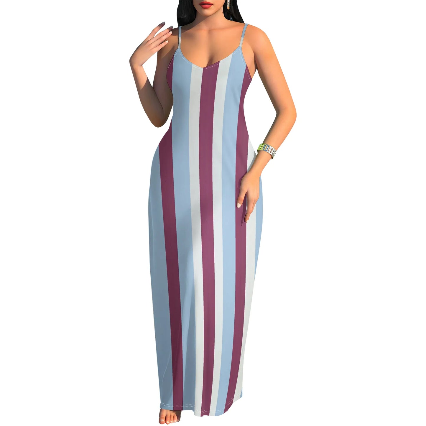 🍒Striped spaghetti strap maxi dress for holiday watercolor green & white pattern summer beach clothes for women plus size clothing S-3XL Five Stripes And Your Out-fitted