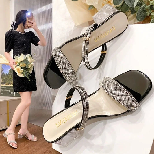 🍒Metalic womens sandals gold women silver slides for summer crystal high heels party shoes comfortable block heel footwear Cute Crystals