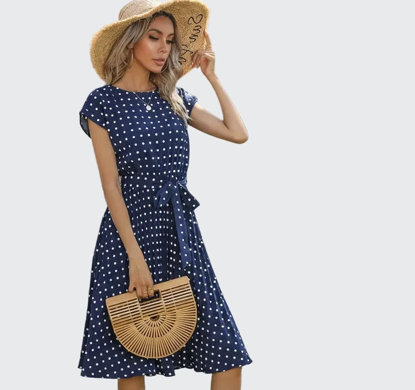 🍒Summer dresses for women high waist midi outfit with pleats elegant pleated polka dots short sleeve fashion office clothing vacation wear Don’t Delay Dotties