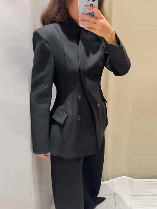 🍒Casual black blazer and pants set long sleeve jacket with fitted waist and long kick flare solid straight pant set women spring autumn suits ‘Well fit