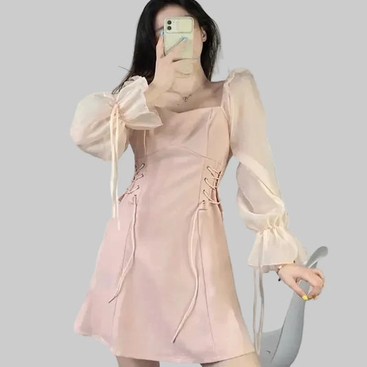 🍒Pink dresses women spring summer sweet heart neckline outfit a-line mini dress with puff sleeves lace up draw string sides waist feminine fashion A- Pretty Pink
