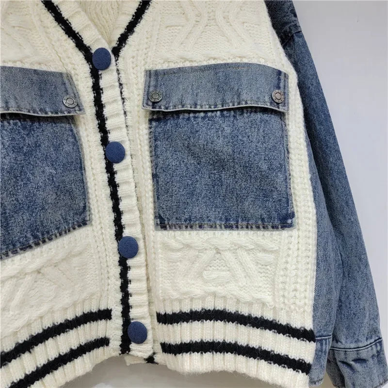 🍒Patchwork knit cardigan loose v-neck long sleeve sweater for women spring/summer female denim fashion with pockets Don’t Delay Denim Dellivers