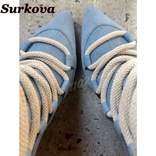 🍒Women's blue denim short boots ankle pointed toe lace-up woven wedge booties fashion party footwear smart casual heels shoes large size 46 Daytime/Do Dishy Denims