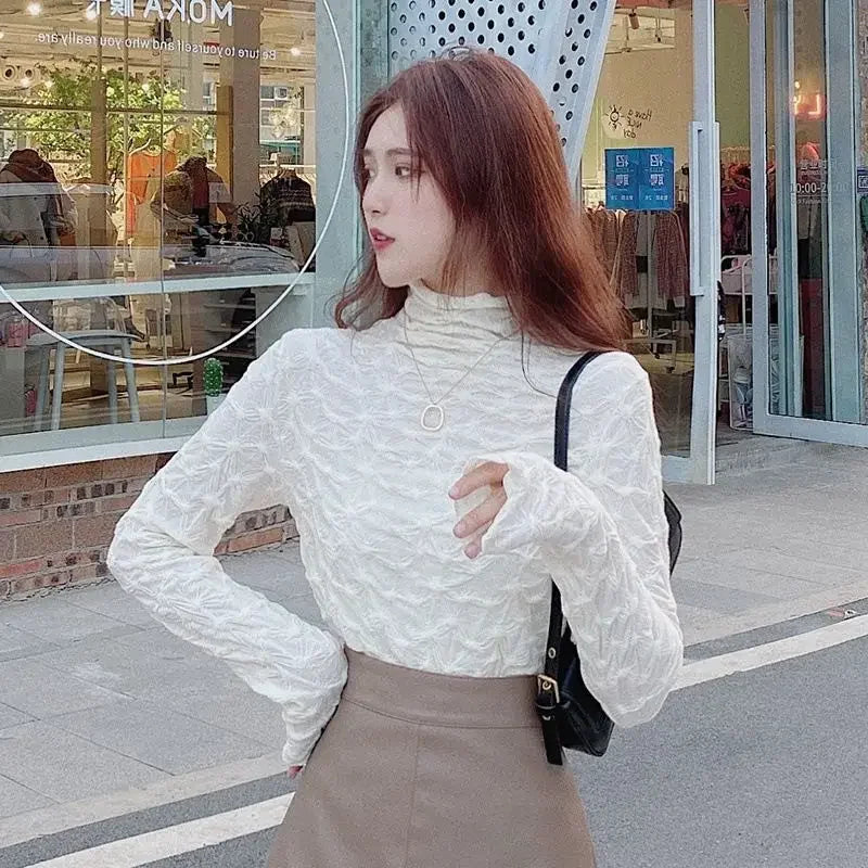 🍒 Long sleeve top textured turtle neck knitted shirt for women with sleeves chic sryle clothing Yk2 fashion smart casual clothes