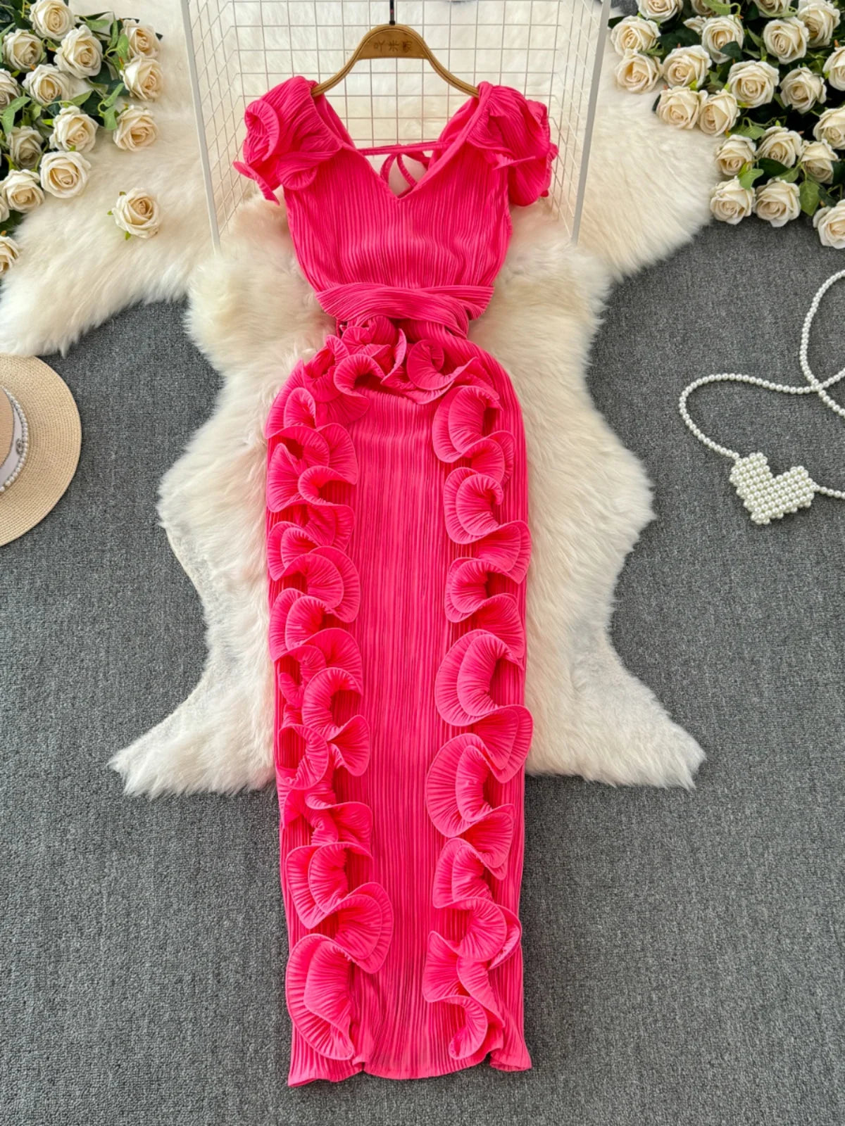 🍒Women's long dress slim fit occasion outfit with 3D pleats and ruffle hem sleeveless fashion wear party wear fashion clothing Look Smooth In Ruff-les