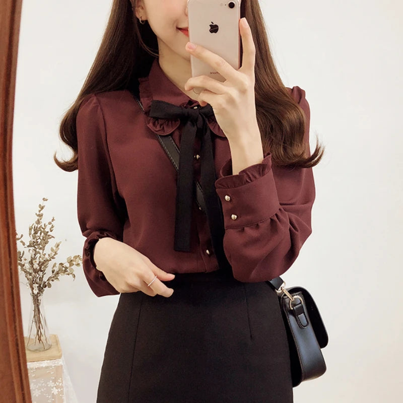 🍒Blouses with bows cute preppy style clothes women solid shirts with ties formal work office wear essential summer clothing Pretty Up In Cute Bows