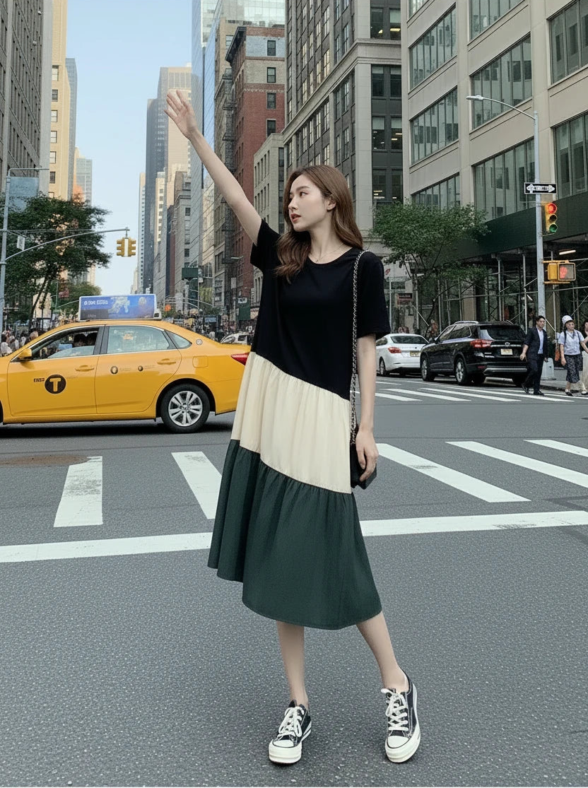 ๐T-shirt dress women colour block outfit loose fit plus size summer fashion stripe clothing stylish medium length over knee a-line fashion wear holiday wear Blocks Of Style