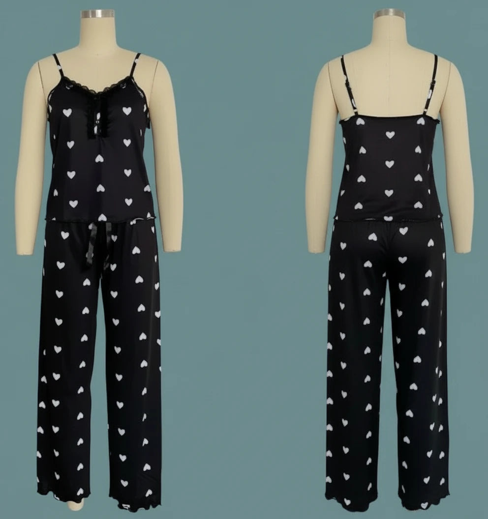 🍒Heart print pyjamas homewear sets women sleeveless crop top amd pants two piece coord with chemise lounge wear clothing Love To Wear Clothes