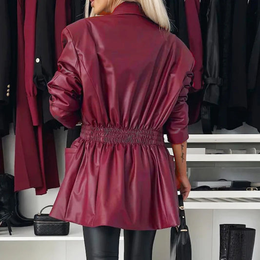 🍒Long sleeve faux leather mini dress elastic waist retro double breasted outfit occasion trendy office wear clothing smart casual clothes women Life Leather