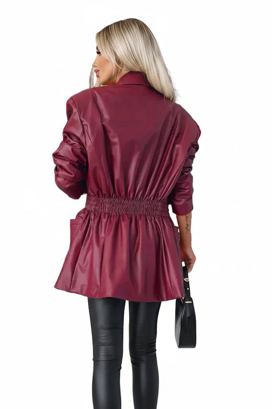 🍒Long sleeve faux leather mini dress elastic waist retro double breasted outfit occasion trendy office wear clothing smart casual clothes women Life Leather