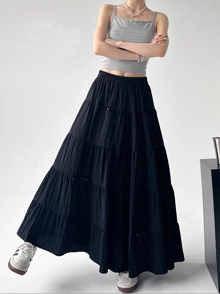 🍒Bow skirts high waist a-line women summer wear vintage loose feminine fashion wears preppy style white chic long skirt