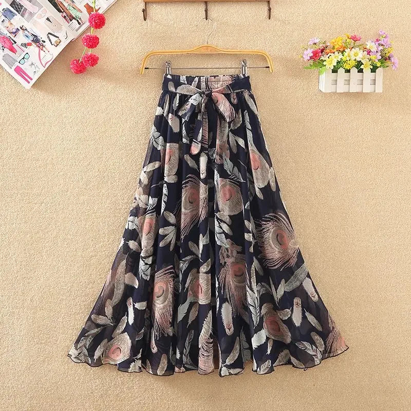 🍒Chiffon a-line skirt high waist long smart casual women trend modest vintage clothing quality fashion wear Floor-all With This Floral