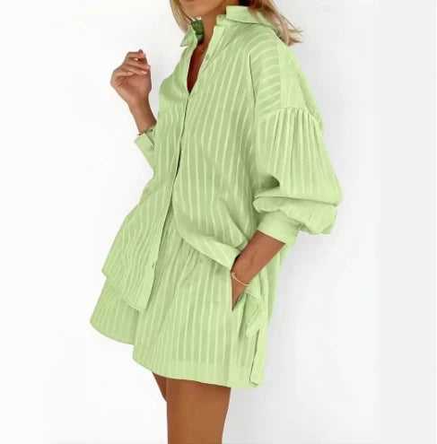 🍒Women's fashion two piece Set outfit striped puff sleeve shirt and shorts matching set casual clothes Feel Cool In This Airy Pair