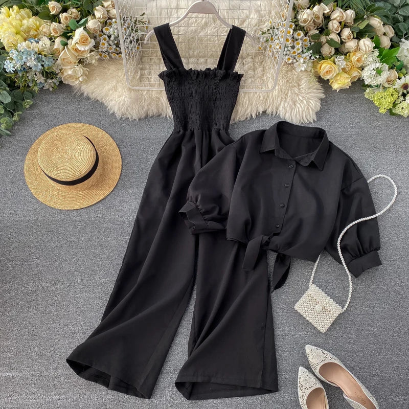 🍒Two piece clothing sets high waisted jumpsuit smart casual women and short sleeve blouse crop top female fashion wears Y2k style clothing Jump On This Suit