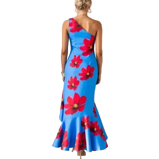 🍒One shoulder sleeveless dress summer fashion for women Irregular bohemian vacation outfits floral print fashion with ruffle hem outfits long No Puff, Get Out Ruffs