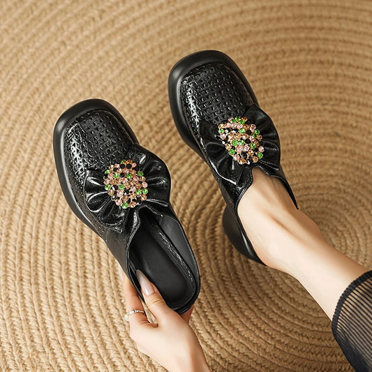 🍒Genuine leather mules for women cowhide rhinestone chunky heel shoes with thick sole, occasion slippers fashion party footwear with bow Climb Into Clogs