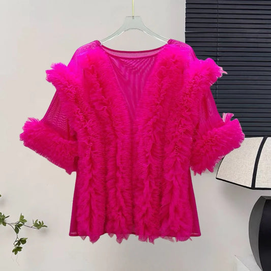 🍒 Mesh ruffle blouse solid color spring summer shirts women elegant fancy occasion tops sweet party fashion vintage clothing v- neck Fluff up In A Ruffy Fluffy