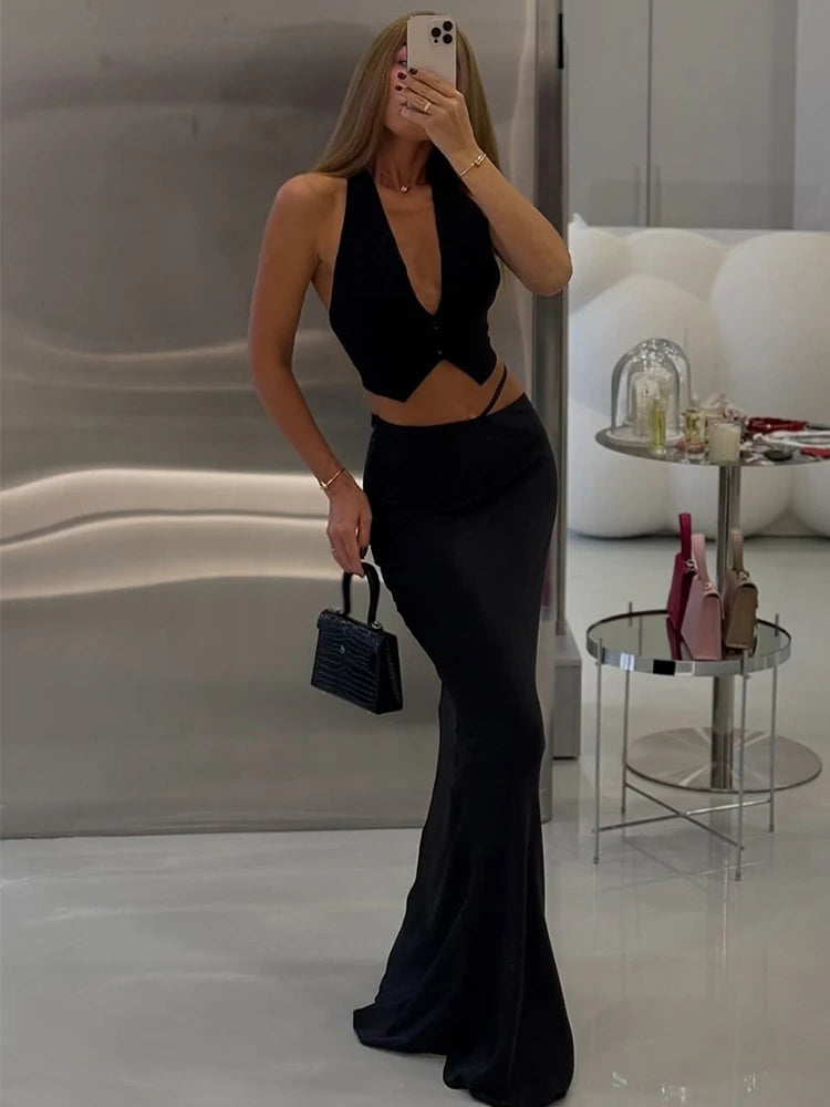 π2 pieces sets women satin maxi skirt outfit matching crop top snd long elegant skirt clubbing wear evening party wear holiday party wear