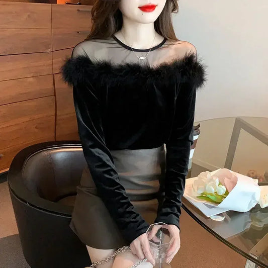 🍒Long sleeve velvet tops for women mixed media velvet fur top with mesh panel party occasion wear feminine clothing fashion Fluff Up In Velvet