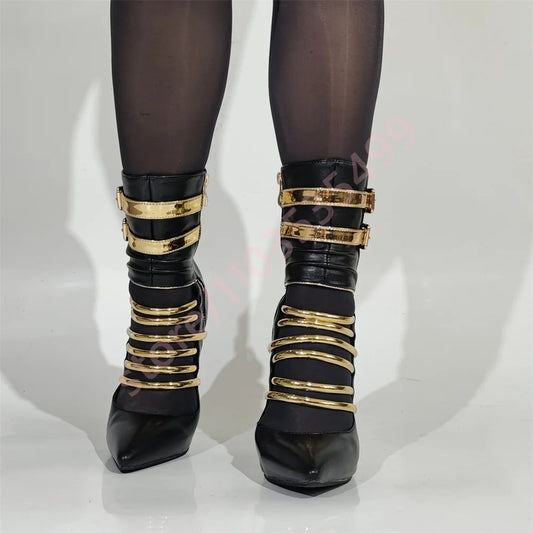 🍒Pointed toe stiletto belt buckle heels banquet shoe boots for women short fashion footwear occasion party boots black and gold contrast Bootiful Bold Besties