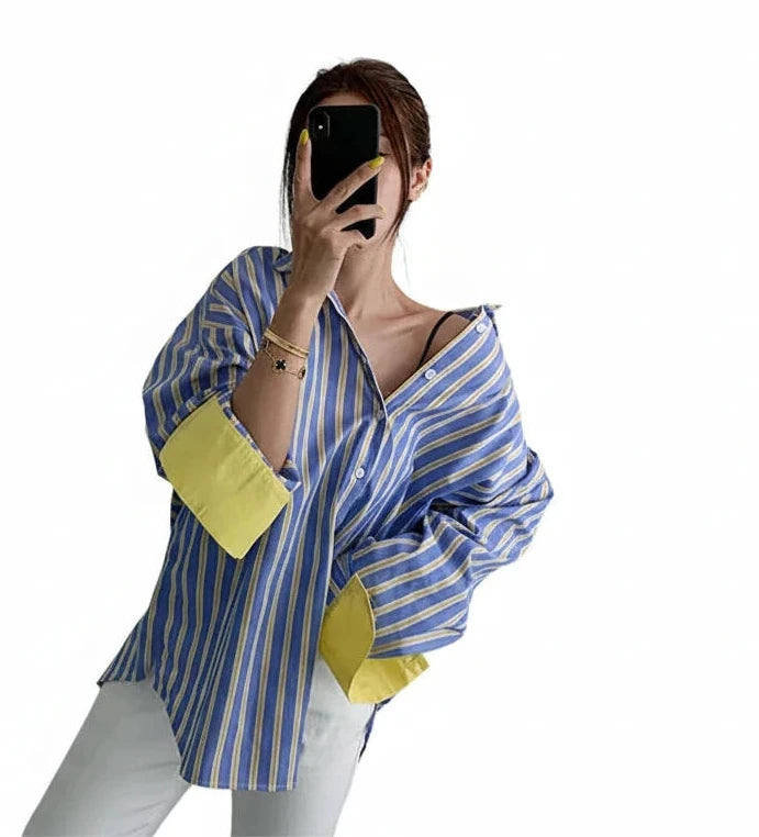 🍒Spring striped shirt loose for women fashion colour mid-length smart casual female fashion patchwork top summer clothes office wear You wont be SOR i BET about buying this LEMON-y