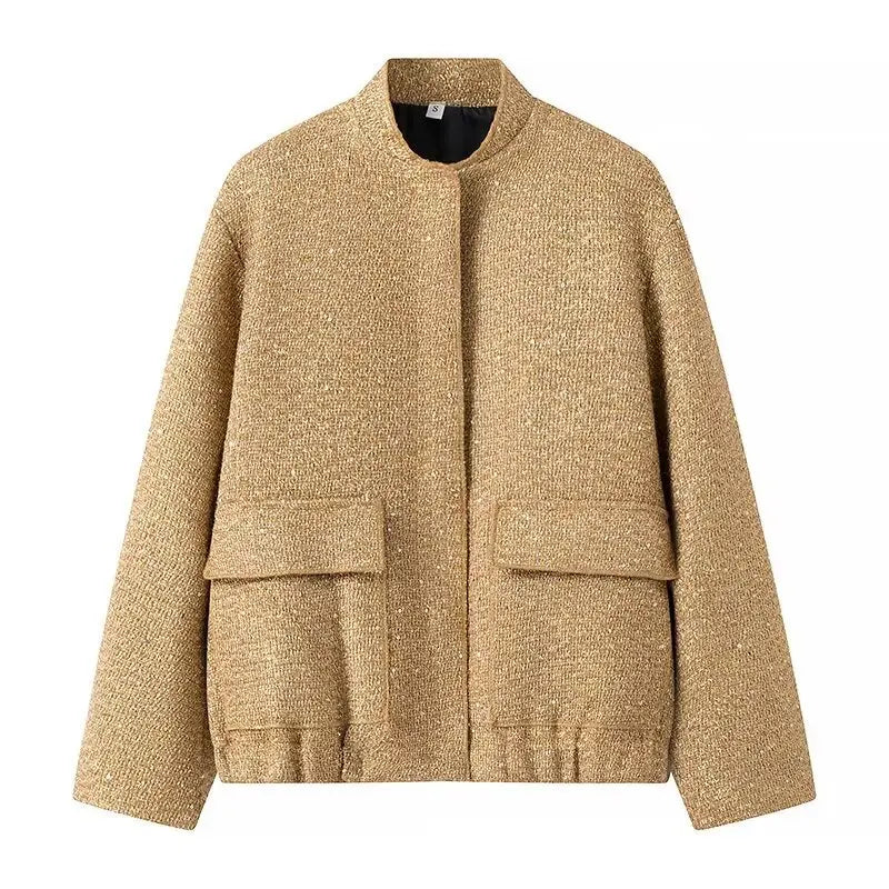 🍒Sequin bomber Jacket women Y2k gold Colour stand collar short coat long sleeve spring fashion high Streetwear occasion wear smart casual clothing for women Spring Into Shimmer