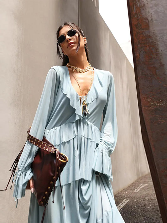 🍒Two piece set ruffled layered blouse shirt top for women plus long skirt flared sleeves lace up v-neck pleated satin shirt loose feminine fashion wear summer out fit occasion wear party wear Relaxed Ruffles Get A slinky Blue Hue To wear To That Do