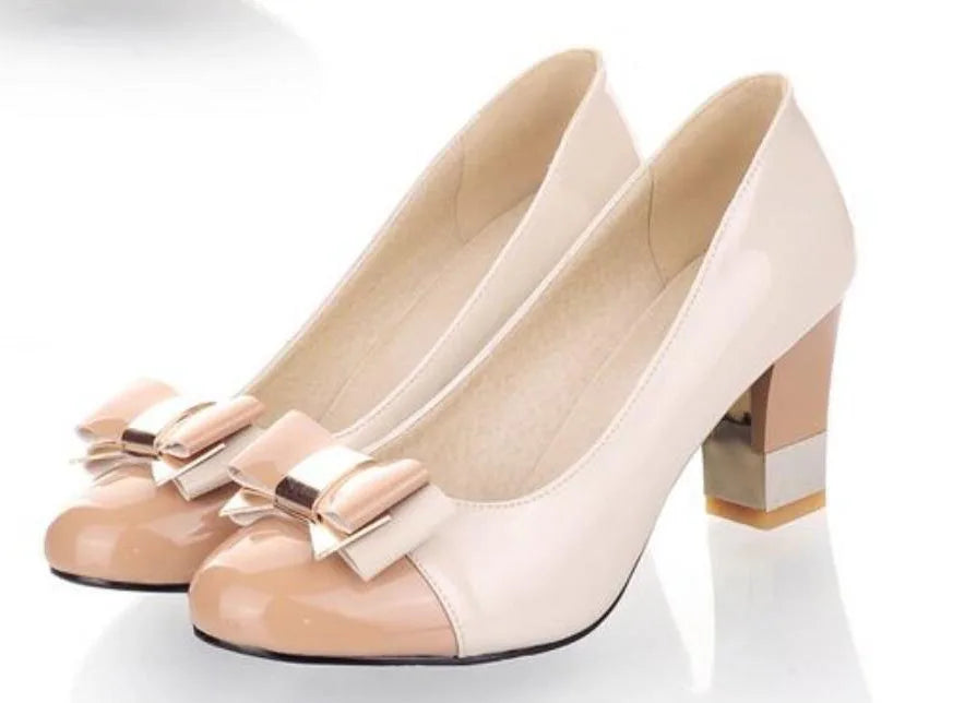 🍒Colour block heels women's thick high shoes with bow on them pastel footwear for occasion party pumps pink and others Size 34-43 Treat Your Self To These Sweets