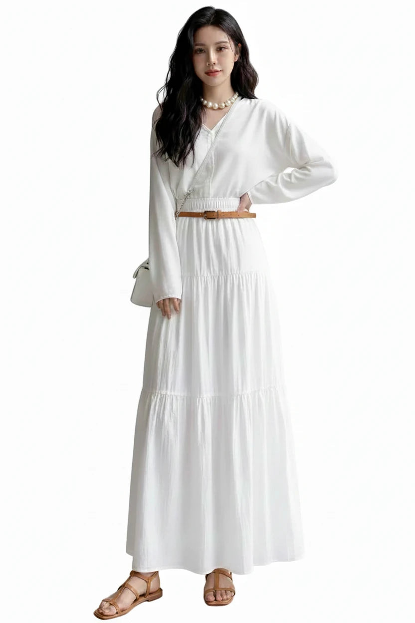 🍒High waist elastic maxi skirt long teired with ruffle stitching solid colour a-Line smart casual fashion for women clothing for all seasons A+ For This A-line