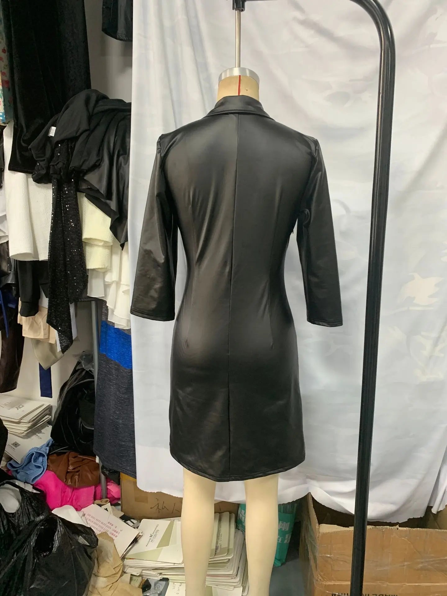 🍒Black faux leather dress womens lapel outfit chic occasion wear female fashion clothing smartwear v-neck bodycon autumn and winter wear Lavish Liquorice Leather Look