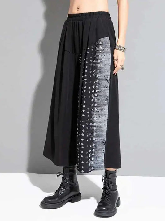 🍒High waist elastic black pattern printed wide leg pants loose fit trousers for smart or casual wear women street wear fashion party bottoms No Bottleing Out With These Bottoms Just Bottoms Up!