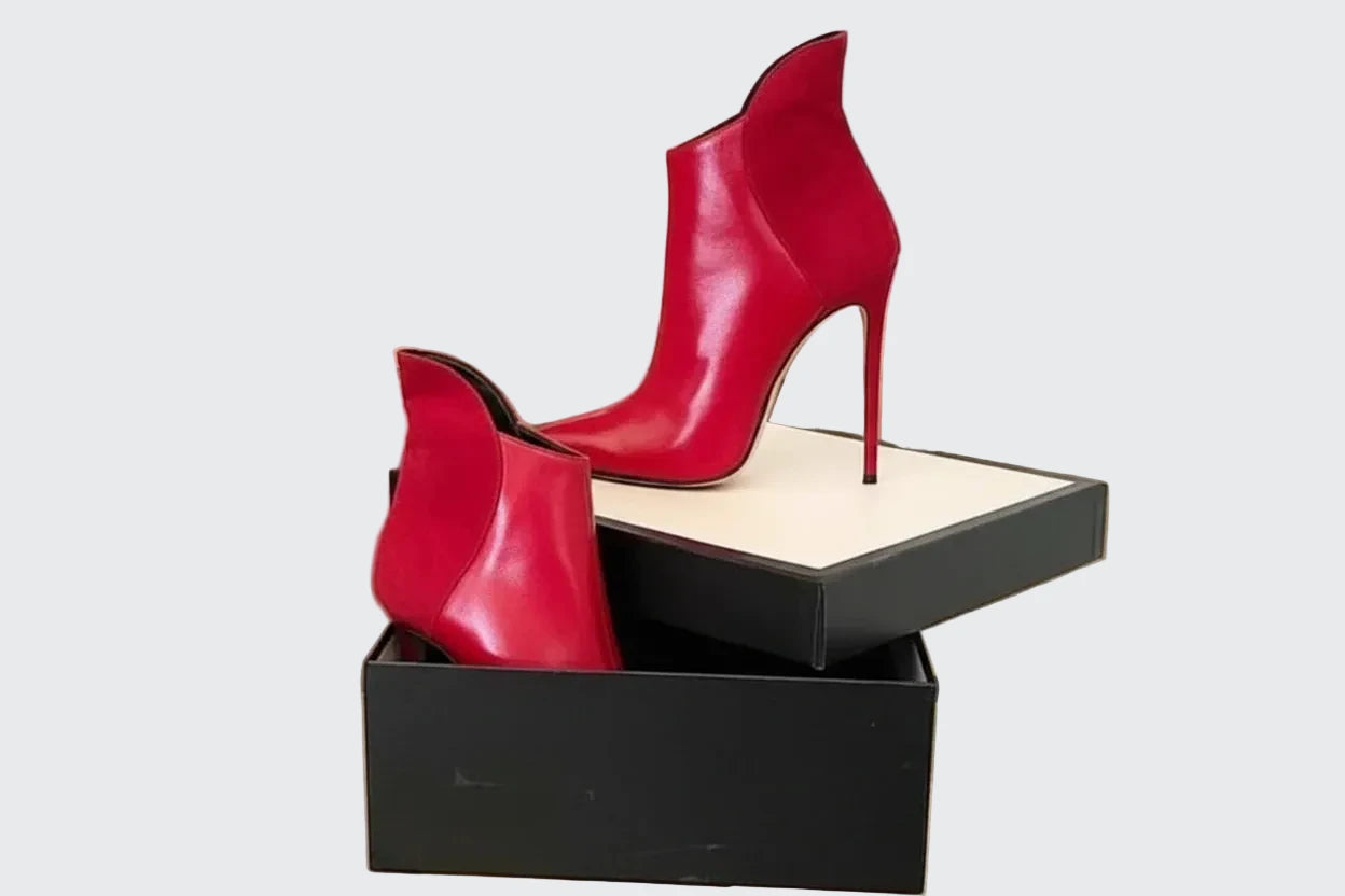 🍒Womens red ankle boots faux leather thin high heel mixed media booties patchwork high cut short slipon heels elegant wedding shoes party occasion footwear Size46 Sweeten Up With A Cherri Drop