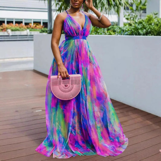 🍒Printed mesh maxi dress sleeveless high street fashion outfit for women long maxi frocks occasion partywear Cool Out In A Pool