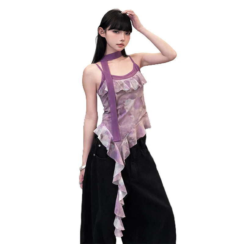🍒Women's ruffled top straps vest casual outfit cami with ruffles asymetric fashion party occasion wear TAiLor Your Fashion Move To MAUVE