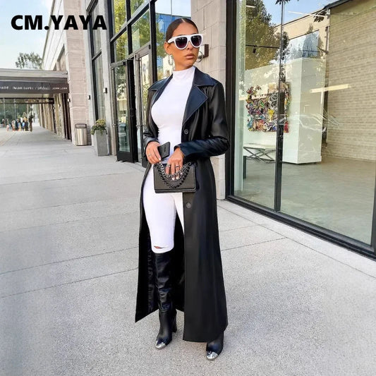 🍒Womens pu leather coat Long sleeve+trench extra long winter lapel fashion outerwear fashion work coat maxi Get A Long Look In Leather